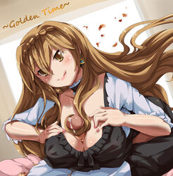 blonde_hair braid breasts clothing cum earrings female golden_time hairjob jewelry kaga_kouko large_breasts long_hair male outercourse paizuri paizuri_under_clothes penis sirills straight very_long_hair yellow_eyes