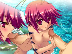 antenna_hair back barefoot blush breasts female game_cg hongou_kazuto katagiri_hinata koihime†_(series) koihime_musou nipples nude outdoors penis pink_eyes pink_hair red_eyes ryofu_housen_(koihime) short_hair tattoo water wet zenra