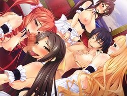 1boy 4girls breasts clothed_female_nude_male collaborative_fellatio fellatio femsub harem ishii_akira kimomen_demo_kyokon_nara_meimon_kou_no_ojousama_wo_sen_you_harama_celebribitch_ni_dekiru! large_breasts maid maledom miel_(company) multiple_girls multiple_subs nipples nude oral penis pimp slave teamwork