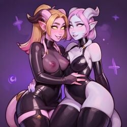 2girls ai_generated draenei ion latex revealing_clothes see-through_clothing thighhighs yuri