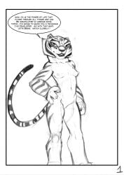 anthro border breasts dreamworks english_text felid female hi_res kung_fu_panda mammal master_tigress monochrome nude nude_female pantherine sabrotiger simple_background solo striped_body stripes text tiger white_border