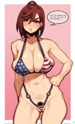 american_flag american_flag_bikini american_flag_print ayase_momo bikini black_choker breasts brown_eyes brown_hair choker commentary covered_nipples dandadan earrings english_text female female_pubic_hair flag_print gonzalocosta888 gyaru highleg highleg_bikini highres huge_breasts jewelry navel o-ring o-ring_bikini print_bikini pubic_hair solo speech_bubble swimsuit