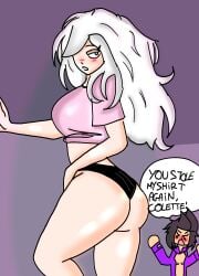 2girls angry_face aqua_eyes ass ass_focus bibi_(brawl_stars) big_ass big_butt black_panties blue_eyes blush brawl_stars butt chibi colette_(brawl_stars) embarrassed eyes light-skinned_female light_skin long_hair long_hair_female loose_hair messy_hair panties pink_shirt stealing_clothes white_hair white_hair_female yuri