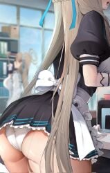 2girls akane_(blue_archive) apron ass asuna_(blue_archive) black_shirt black_skirt blonde_hair blue_archive blue_sky blurry blurry_background bookshelf breasts cleaning_&_clearing_(blue_archive) commentary_request corrupted_twitter_file from_behind halo head_out_of_frame highres indoors large_breasts light-skinned_female light_skin long_hair maid_apron millennium_science_school_student miniskirt multiple_girls open_mouth panties pleated_skirt puffy_short_sleeves puffy_sleeves sezok shirt short_sleeves skirt sky thighs underwear white_apron white_panties white_shirt