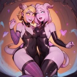 2girls ai_generated dancing draenei dress ion latex latex_clothing sitting skin_tight thighhighs