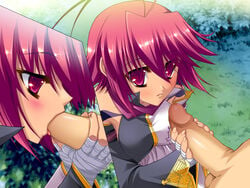 antenna_hair blush female game_cg hongou_kazuto katagiri_hinata koihime†_(series) koihime_musou outdoors penis pink_eyes pink_hair red_eyes ryofu_housen_(koihime) short_hair tattoo