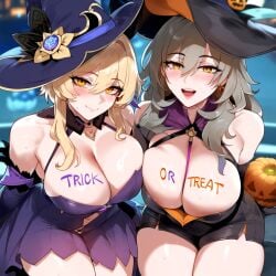 2girls ai_generated bangs bare_shoulders blonde_hair blush breasts candy cleavage depressu dress eyebrows_visible_through_hair genshin_impact halloween halloween_costume hat honkai:_star_rail honkai_(series) huge_breasts jack-o'-lantern large_breasts leaning_forward long_hair looking_at_viewer lumine_(genshin_impact) multiple_girls open_mouth pumpkin shorts smile stelle_(honkai:_star_rail) sweat thighhighs trick_or_treat witch witch_hat yellow_eyes