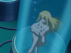 1girls blonde_female blonde_hair completely_nude covering_breasts digimon digimon_data_squad digimon_savers female fetal_position human in_container in_water laboratory lipstick long_hair naked naked_female nanami_(digimon) nude pink_eyes sitting solo stasis_chamber stasis_tank