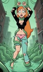 ai_generated ass bigmic145 black_shirt blue_eyes breasts cleavage corruption danny_phantom defeated defeated_heroine female hairband jazz_fenton jeans medium_breasts navel nickelodeon orange_hair panties restrained ripped_clothing ripped_pants sex sexually_suggestive shirt tentacle tentacle tentacle_rape tentacle_sex
