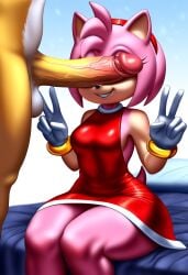 1boy 1girls ai_generated amy_rose anthro anthro_on_anthro disappointed disembodied_penis fur furries furry huge_cock large_penis novelai peace_sign penis_covering_eyes sega sitting_on_bed smile sonic_(series) sonic_the_hedgehog_(series) sph tails_the_fox that_guy9001