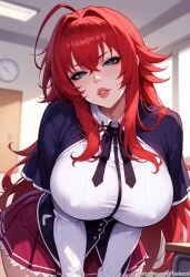 ahoge ai_generated balecxi blue_eyes classroom high_school_dxd huge_breasts leaning_forward looking_at_viewer red_hair rias_gremory school_uniform