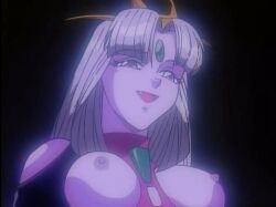 1990s_(style) 1995 animated animated breasts breasts_out colored_skin dragon_pink fangs gem_on_head lamia large_breasts lowres monster_girl nipple_stimulation nipples nymphomania_the_slave_queen purple_hair purple_skin retro_artstyle revealing_clothes slave_queen_(dragon_pink) snake_girl yellow_eyes