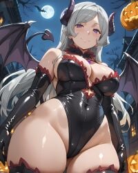 ai_generated bare_legs demon_tail demon_wings dungeon_ni_deai_wo_motomeru_no_wa_machigatteiru_darou_ka eroero_waifus freya_(danmachi) gigantic_breasts goddess halloween halloween_costume huge_breasts huge_thighs light-skinned_female light_skin long_hair looking_down low-angle_view massive_breasts mature_female milf oiled_body oiled_skin purple_eyes smiling solo_female squatting succubus succubus_horns sweat sweatdrop thick_body thick_female thick_thighs thighs thighs_bigger_than_head voluptuous voluptuous_female white_hair