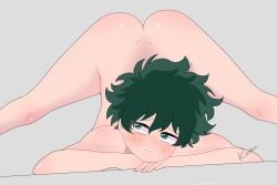 1boy 1male ass blush boku_no_hero_academia deku femboy flexible freckles_on_ass freckles_on_face green_eyes green_hair izuku_midoriya jack-o_pose male_only midoriya_izuku my_hero_academia nude nude_male shounen_jump showing_ass