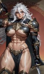 1girls abs ai_generated animated armor armored_boots armpits bagharen bracers elbow_gloves expressionless gray_eyes hair_between_eyes holding_sword holding_weapon knight large_breasts loincloth long_hair looking_at_viewer muscular_arms muscular_female muscular_thighs obliques original original_character scar shiny_skin shoulder_armor solo solo_female standing sword tagme thick_thighs underboob video white_hair wide_hips