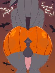 absurd_res anthro anus ass atlas_(oc) avian balls bird chapaevv corvid corvus_(genus) crow digital_media_(artwork) fan_character genitals hair halloween hi_res holidays jack-o&#039;-lantern looking_at_viewer looking_back male nude oscine passerine penis presenting presenting_anus presenting_hindquarters raised_tail simple_background solo spreading tail text