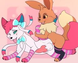 3_toes anal anal_sex animal_genitalia animal_penis ass balls big_balls big_butt big_penis blush brown_body brown_fur clothed clothing digital_media_(artwork) duo eevee eeveelution erection eti_(utopianvee) feet feral fur generation_1_pokemon generation_6_pokemon genitals hair hi_res huge_balls huge_butt huge_cock knot knotted_penis knotting leg_glider_position legwear male male/male male_penetrated male_penetrating male_penetrating_male mammal meraence nintendo open_mouth penetration penis pink_hair pokemon pokemon_(species) raised_leg ribbons romantic romantic_couple sex simple_background smile smoothie_(sylveon) stockings sylveon tail thick_thighs thigh_highs toes white_body white_fur wide_hips