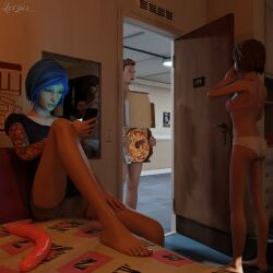 1boy 2girls 3d barefoot bed blue_hair bra brown_hair casual chloe_price clothed_female_nude_male dildo double_dildo erection female levius_nsfw life_is_strange male max_caulfield nathan_prescott on_bed panties penis pizza pizza_delivery sex_toy shocked sitting smartphone surprised