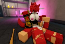 anthro baseball_bat cum cum_leaking cum_leaking_out_of_penis female furry hazmat_suit hazzy_(kaiju_paradise) human kaiju_paradise katana looking_pleasured male ravenuwu roblox self_upload sitting_on_face sitting_on_person torn_clothing transformation