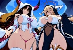 2girls ai_generated azur_lane big_breasts black_hair blonde_hair crossover demon demon_girl demon_horns duo fate/grand_order fate_(series) female/female female_focus female_only from_below implacable_(azur_lane) large_breasts long_hair looking_at_viewer mullon novelai nun panties pantyhose sesshouin_kiara thick_thighs trait_connection