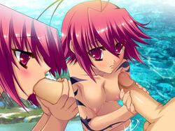 antenna_hair back barefoot blush breasts female game_cg hongou_kazuto katagiri_hinata koihime†_(series) koihime_musou nipples nude outdoors penis pink_eyes pink_hair red_eyes ryofu_housen_(koihime) short_hair tattoo water wet