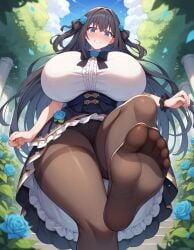 ai_generated alternate_breast_size angry arcaea clenched_teeth feet foot_focus foreshortening full-face_blush fully_clothed garden gigantic_breasts pantyhose pov soles stable_diffusion stepping tairitsu_(arcaea) thick_thighs toes upskirt wide_hips