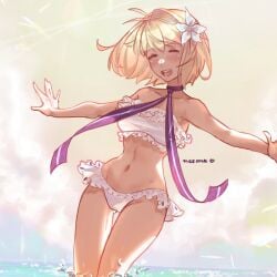 arcueid_brunestud bare_shoulders bikini blonde_hair blush breasts cleavage collarbone fate/grand_order fate_(series) female highres large_breasts navel oneemasan open_arms open_mouth red_eyes short_hair smile solo swimsuit thick_thighs thighs tsukihime white_bikini wide_hips