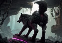 ai_generated ass black_balls black_claws black_fur black_nose black_perineum blp bokeh canid detailed_background detailed_fur ears_up feral fluffy_fur forest glowing glowing_eyes inner_ear_fluff lighting low-angle_view magic male male_only outside paws pink_anus plant quadruped raised_tail red_eyes rock smug standing structure three-quarter_view vine wide_hips wolf