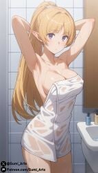 1girls ai_generated armpits bathroom blue_eyes dungeon_ni_deai_wo_motomeru_no_wa_machigatteiru_darou_ka elf elf_ears elf_female female gumi_arts highres large_breasts lefiya_viridis long_ears long_hair orange_hair patreon_logo pointy_ears ponytail towel towel_only wet