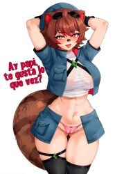 1girls ai_generated animal_ears animal_tail big_breasts blush breasts brown_hair corela kemonomimi latam_virtual_youtuber multicolored_hair panties raccoon_ears raccoon_girl raccoon_tail rakkun red_eyes red_hair short_hair socks solo_female spanish_text tagme text thighs virtual_youtuber vtuber white_background