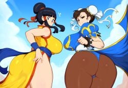 2girls ai_generated ass big_breasts chichi china_dress chinese chinese_clothes chun-li crossover dragon_ball dragon_ball_super dragon_ball_z duo female/female female_focus female_only large_breasts looking_at_viewer mullon novelai panties pantyhose street_fighter street_fighter_v thick_thighs