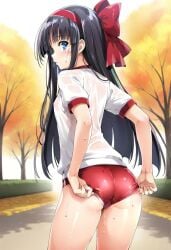 1girls ass big_ass buruma female female_only king_of_fighters legs looking_at_viewer looking_back nakoruru samurai_shodown schoolgirl shirt sideboob small_breasts sports_uniform sportswear sweat thighs voluptuous