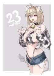 :d absurdres animal_ears animal_print arcueid_brunestud bell big_breasts bikini blonde_hair blue_shorts border breasts commentary cow_ears cow_print cow_print_bikini cow_print_jacket cow_tail denim denim_shorts english_commentary fake_animal_ears fake_tail female grey_background highleg highleg_panties highres jacket jonyeld large_breasts looking_at_viewer navel neck_bell open_clothes open_jacket open_mouth outside_border panties print_bikini red_eyes shorts simple_background smile solo standing swimsuit tail tsukihime underwear white_border