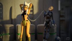 2girls 3d ahsoka_tano alien blindout bo-katan_kryze chain_leash chains collar female femdom fending leash lezdom loincloth orange_skin pelvic_curtain star_wars togruta yuri