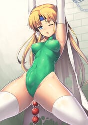 :o anal_beads arms_up blonde_hair blue_eyes bondage breasts bulge cameltail cape celes_chere censored chains female final_fantasy final_fantasy_vi futanari headband intersex leotard long_hair mosaic_censoring nagase_haruhito solo_futa thighhighs wink