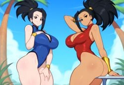 2girls ai_generated alien alien/human alien_girl beach big_breasts bikini black_hair boku_no_hero_academia crossover dragon_ball dragon_ball_super duo female/female female_focus female_only kale large_breasts momo_yaoyorozu mullon my_hero_academia novelai ponytail saiyan superheroine thick_thighs trait_connection