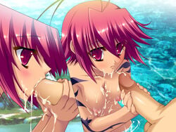 antenna_hair back barefoot blush breasts female game_cg hongou_kazuto katagiri_hinata koihime†_(series) koihime_musou nipples nude outdoors penis pink_eyes pink_hair red_eyes ryofu_housen_(koihime) short_hair tattoo water wet