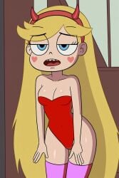 ai_generated blonde_hair blue_eyes fake_horn heart meikerai3d open_mouth red_leotard room star_butterfly star_vs_the_forces_of_evil