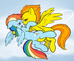 2013 blue_fur blush brown_eyes cutie_mark duo english_text equine female feral flying friendship_is_magic hair horse midair_sex multicolored_hair my_little_pony pegasus pony purple_eyes rainbow_dash_(mlp) rainbow_hair ryoshockwave sky spitfire_(mlp) text wings wonderbolts_(mlp) yellow_fur yuri