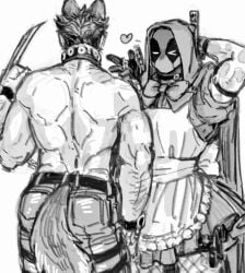 2boys alternate_costume animal_ears arm_hair back bara belt big_bad_wolf_(cosplay) bow bowtie chain_leash chains claw_(weapon) clenched_hand collar cosplay couple deadpool deadpool_&_wolverine_(2024) dishing dress fishnets gay gloves halloween halloween_costume heart holding holding_leash hood hood_up leash little_red_riding_hood_(copyright) little_red_riding_hood_(cosplay) looking_at_another male_focus marvel marvel_cinematic_universe mask monochrome multiple_boys muscular muscular_male one_eye_closed open_mouth pants pectorals scar scars_all_over short_hair short_sleeves sword tail too_many topless_male weapon weapon_on_back wolf_boy wolf_ears wolf_tail wolverine_(x-men) x-men yaoi