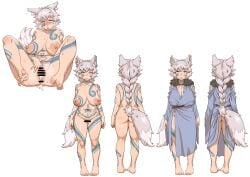 absurdres animal_ears anus ass bar_censor blush braid breasts censored cleavage clothes_on/clothes_off completely_nude covered_nipples cum cum_in_pussy cumdrip drooling earrings facial_tattoo female full-body_tattoo full_body fur-trimmed_robe fur_trim green_eyes grey_hair heavy_breathing highres homeerosu jewelry large_breasts long_hair looking_at_viewer mature_female mole mole_on_breast multiple_views nipples nude original plump pussy pussy_juice reference_sheet robe simple_background single_earring smile spread_pussy spreading_own_pussy sweat tail tattoo torogao white_background wolf_ears wolf_girl wolf_tail