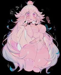 1girls black_background bodysuit boosette choker embarrassed female female_focus female_only manacles mario_(series) nintendo pink_theme royal rule_63 shy solo solo_female solo_focus super_crown thick_thighs usa37107692 very_long_hair white_hair