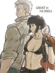 1boy absurdres artificial_eye back-to-back batou black_bra black_gloves black_hair bra breasts cleavage collarbone copyright_name cyberpunk drill_(emilio) female fingerless_gloves ghost_in_the_shell gloves grey_hair gun handgun height_difference highres holster holstered jacket kusanagi_motoko male mechanical_eye medium_breasts navel orange_jacket pistol short_hair shoulder_holster sidelocks sleeves_rolled_up toned underwear unworn_jacket weapon white_background