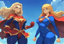 2girls ai_generated big_breasts blonde_hair bodysuit captain_marvel crossover dc dc_comics duo female/female female_focus female_only kara_danvers kara_zor-el large_breasts looking_at_viewer marvel marvel_comics mullon novelai pantyhose supergirl superheroine superman_(series) thick_thighs trait_connection