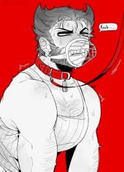 1boy angry animification arm_hair beard blush bondage chest_hair collar english_text facial_hair full-face_blush gay greyscale highres implied_yaoi k4nc_wolverine large_pectorals leash male_focus marvel monochrome muscular muzzle_(mask) pectorals red_background short_hair solo speech_bubble sweat teeth veins veiny_arms wolverine_(x-men) x-men