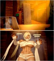 1girls 3d abs athletic_female big_breasts dialogue looking_at_viewer mummy mummy_wrappings muscular_female neferu_(valiance) valiance