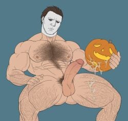 abs balls bara biceps big_balls big_penis cum erection fucking_pumpkin genital_fluids halloween halloween_(series) male male_nipples male_only manly michael_myers muscular_male nipples nude pecs penis pumpkin_masturbation