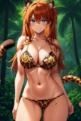 1girl ai_generated animal_ear_fluff animal_ears animal_print animal_tail asuka_langley_sohryu bangs bare_arms bare_shoulders bikini blue_eyes blush breasts brown_hair cat_ears clavicle cleavage closed_mouth clothing day female female_only forest hair_between_eyes hair_ornament halterneck interface_headset kemonomimi_mode large_breasts leopard_print leopard_tail linea_alba long_hair looking_at_viewer medium_breasts nature navel neon_genesis_evangelion orange_hair outdoors palm_tree plant print_bikini rena_aikawa_(pixiv_user) sky smile solo standing stomach swimsuit tail thigh_gap thighs tree very_long_hair