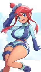 1girls bodysuit fully_clothed gonzarez large_breasts looking_at_viewer red_hair sfw skyla_(pokemon) tagme thick_thighs