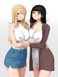 2girls big_breasts breasts claire_lamund_(nhaliz) curvaceous curvy curvy_female female female_focus female_only hi_res highres huge_breasts large_breasts light-skinned_female light_skin looking_at_viewer nhaliz ushio_kyoka